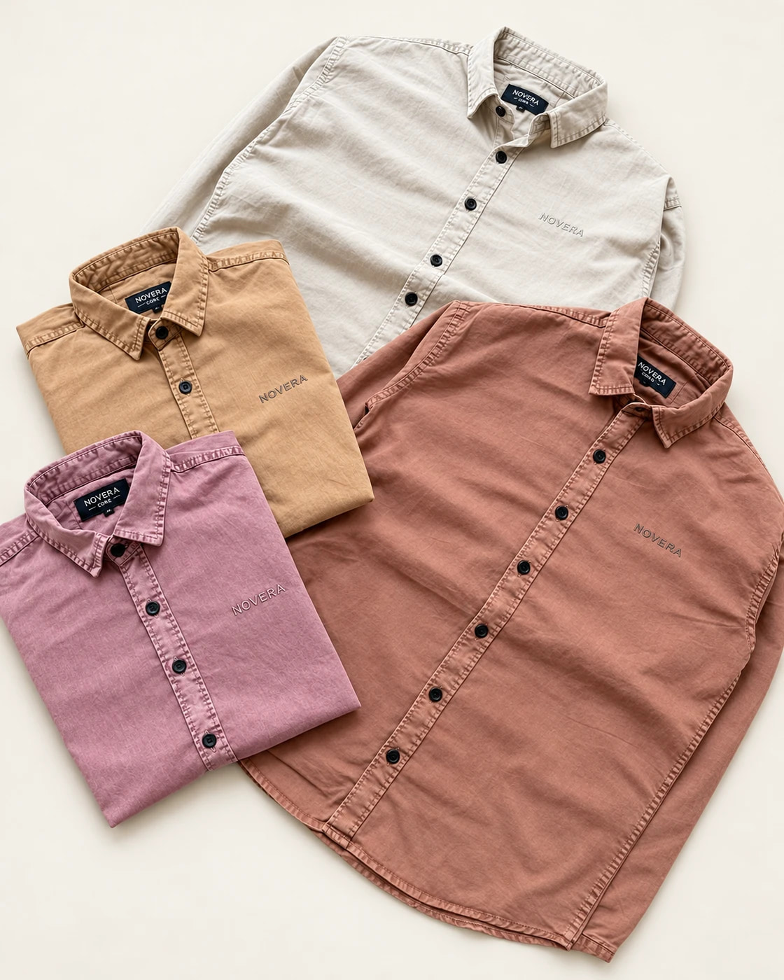 Ivory, camel, dusty rose and mauve plain shirts with small NOVERA chest embroidery